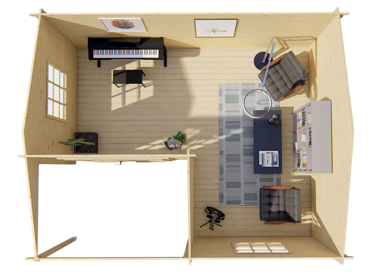 Interieur van het tuinhuisje met luifel